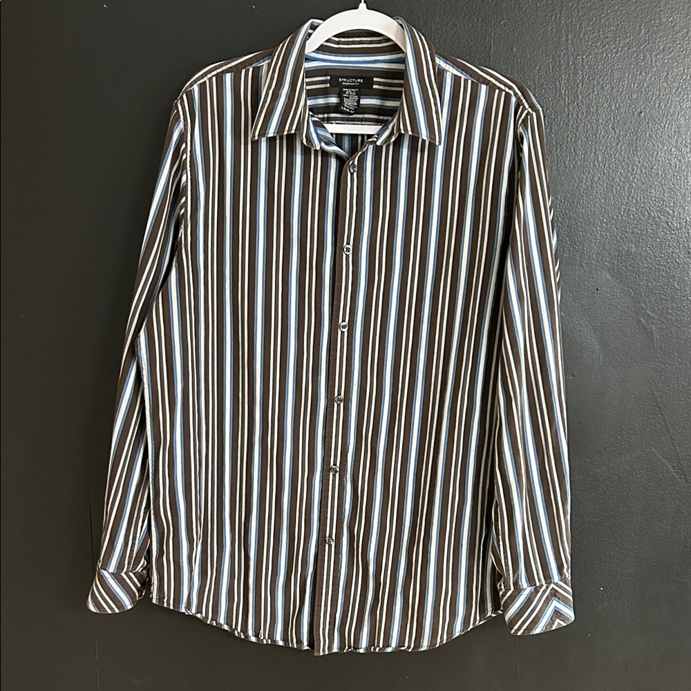 Structure L/S Brown Blue and White Striped Button Down Shirt Size L (41-43)